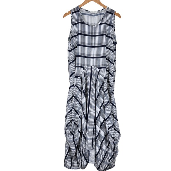 Patrizia Luca Milano Blue White Plaid Midi Dress Pockets Size L Artsy Lagenlook - Picture 1 of 11